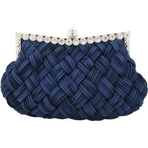 Elegant Braided Pleated Glitter Rhinestone Clutch Navy Blue